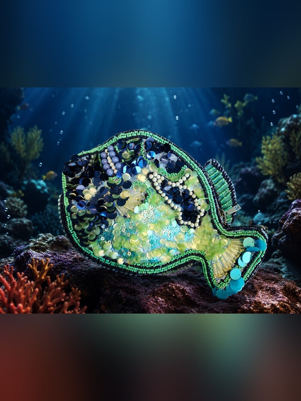 Beaded Sequin Blue & Green Fish Purse Handbag Clutch NWT